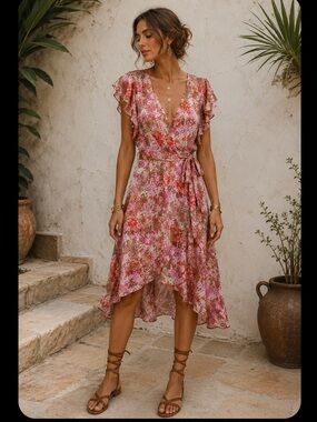 NWT DKNY Size 16W Pink Green Floral Flutter Sleeve Faux Wrap Midi Dress
